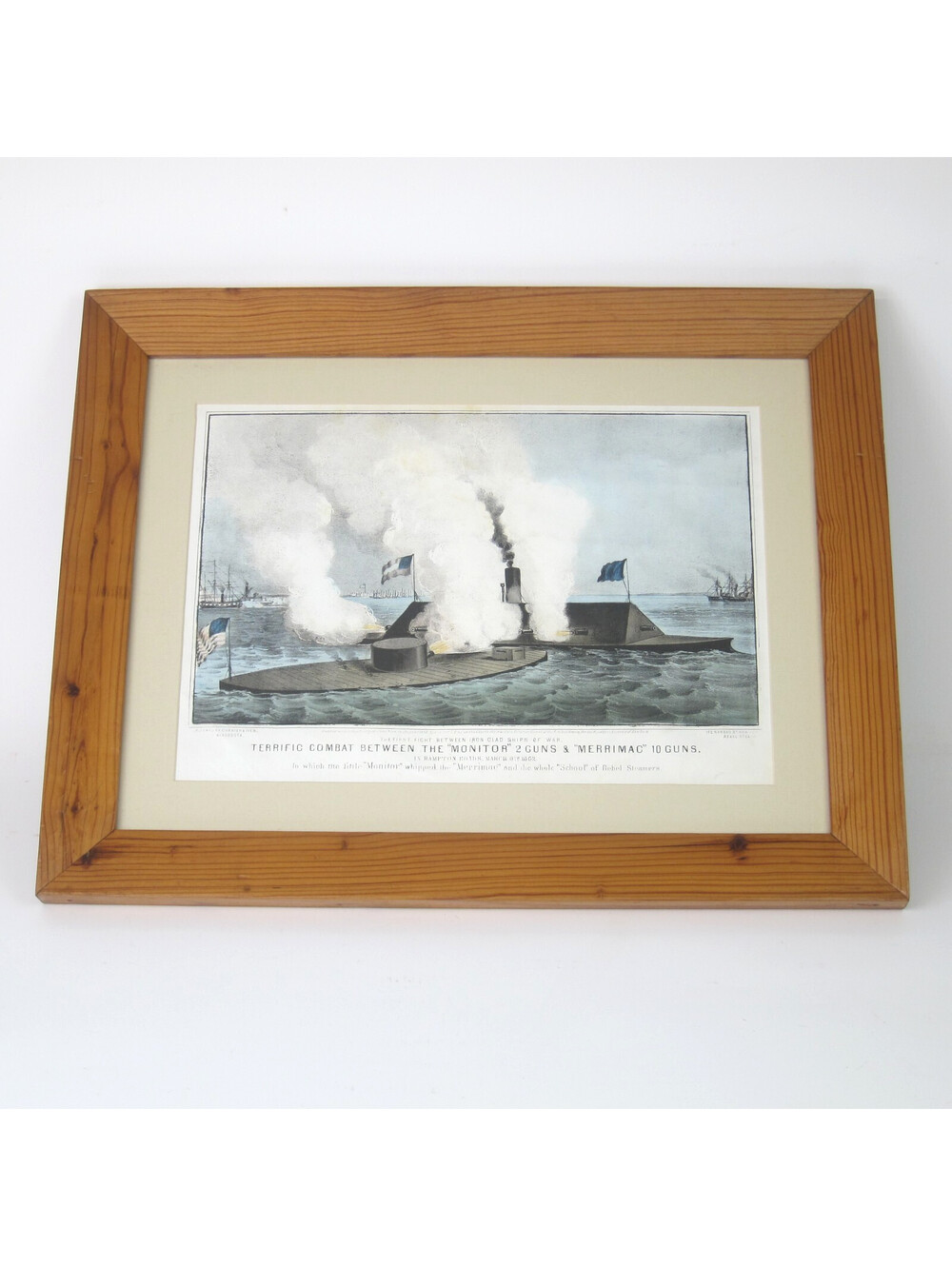 Currier & Ives Hand Colored Lithograph Print Civil War Battle Monitor & Merrimac